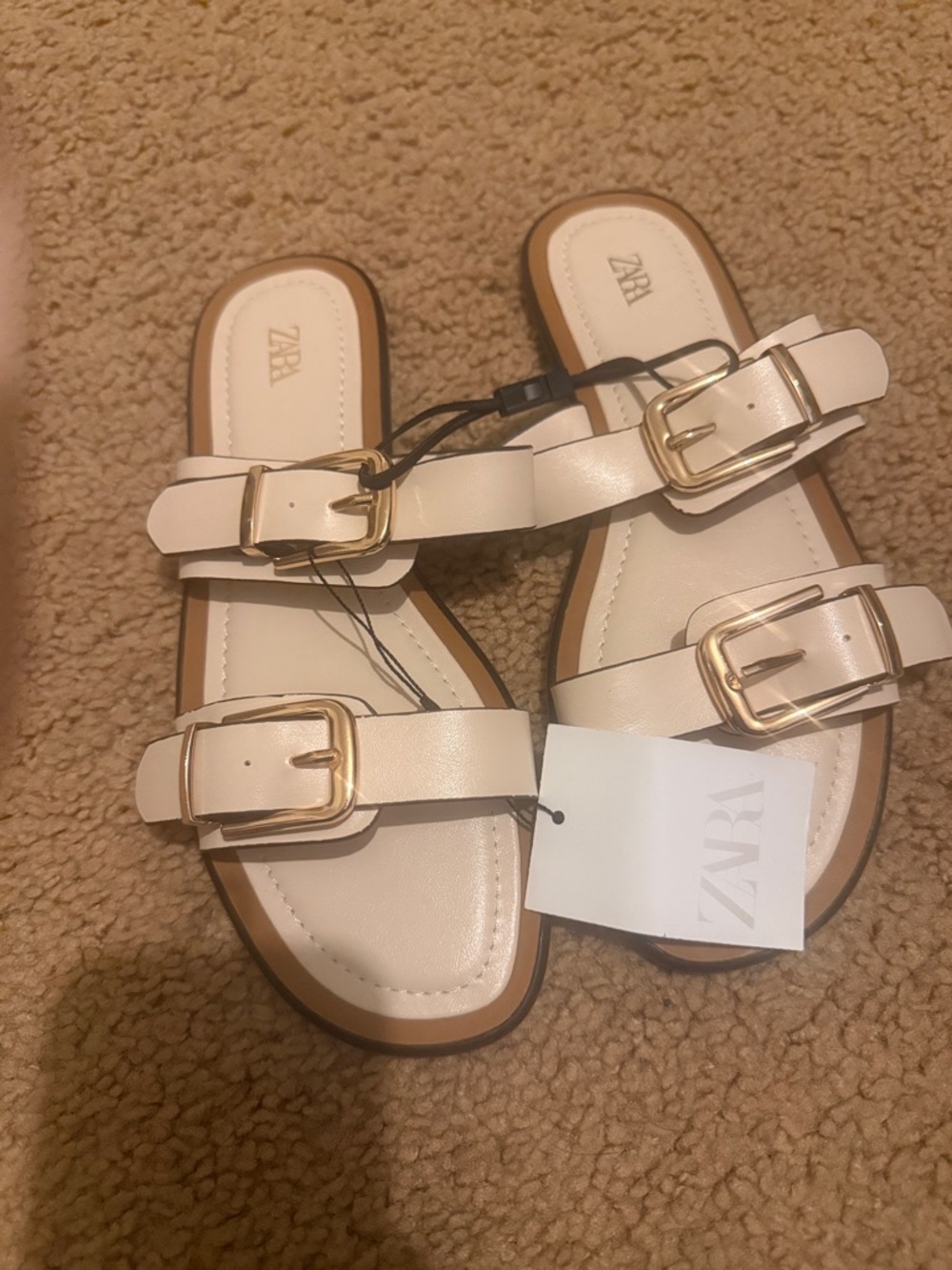 ZARA Cream Double-Buckle Slide Sandals with Gold Hardware